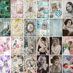 May include: A collage of vintage images featuring peacocks, rabbits, seashells, and women in vintage clothing. The images are arranged in a grid pattern and have a faded, antique aesthetic.