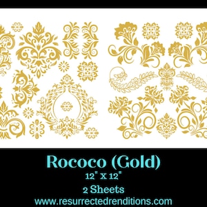 Rococo Gold Leaf Foil Accents | Rub On Transfer | Hokus Pokus | Shiny Gold | 12 x 12 Inches (2 Sheets)