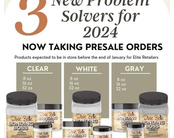 May include: Three Dixie Belle Bonding Boss problem solvers in clear, white, and gray. The bottles are available in 8, 16, and 32 ounce sizes.  The bottles are labeled with the Dixie Belle logo and the text "Bonding Boss".