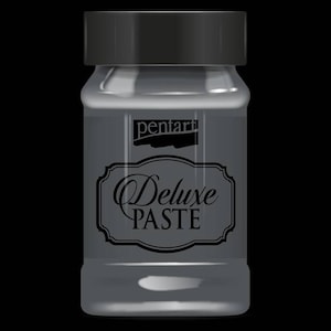 May include: A black jar with a silver lid and a label that says "pentart Deluxe Paste".