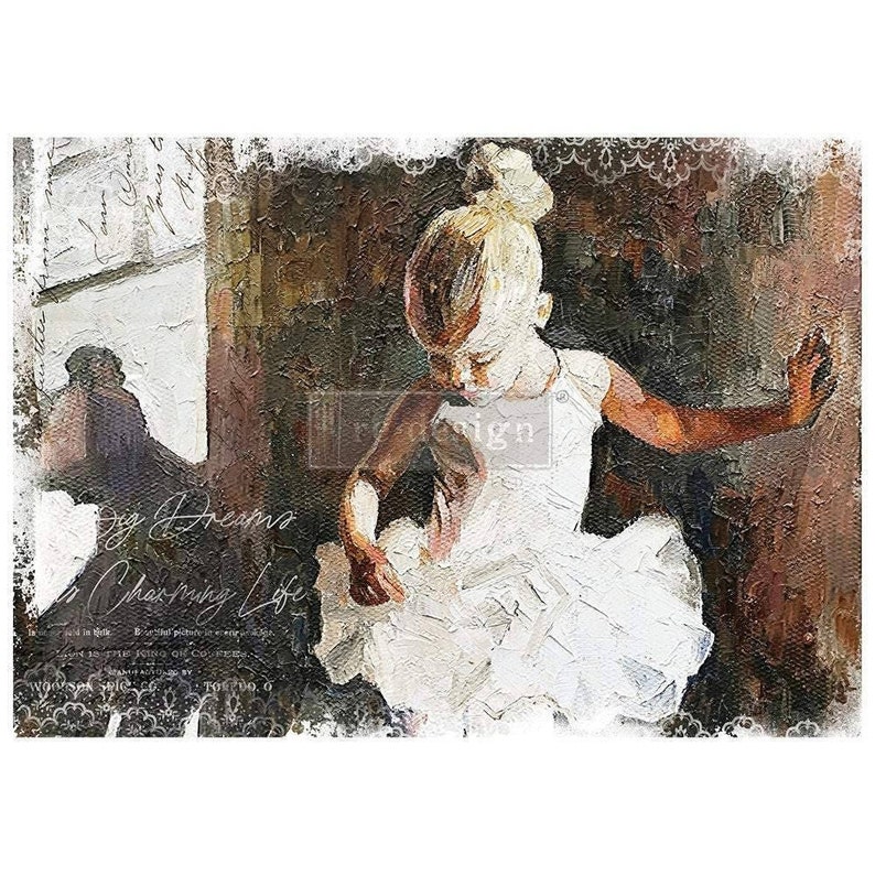May include: A painting of a young girl in a white tutu, with her hair pulled back in a bun. The girl is looking down at her feet, and the background is a dark brown color. The text "Big Dreams & Charming Life" is written in white script at the bottom of the painting.