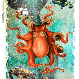 Decoupage Rice Paper | Octopus and Sea Turtles | PD Animals 0168 | Paper Designs |Printed in Italy | Decor Decoupage Paper | A4