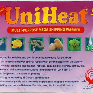 May include: Pink and white UniHeat Multi-Purpose Mega Shipping Warmer with a 96-hour heat release. The warmer features a color indicator and is designed for shipping insects, fish, reptiles, baby chicks, flowers, liquids, and more. It provides a minimum surface temperature of 100°F (38°C).