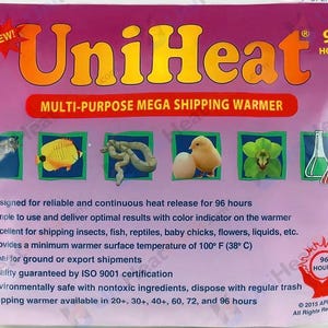 May include: Pink and white UniHeat Multi-Purpose Mega Shipping Warmer with a 96-hour heat release. The warmer features a color indicator and is designed for shipping insects, fish, reptiles, baby chicks, flowers, liquids, and more. It provides a minimum surface temperature of 100°F (38°C).