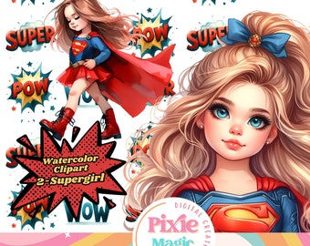 Watercolor Super Girl Clipart, Super Hero, Birthday Party, PNG, Image