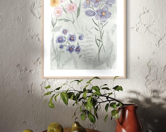 Acuarela de flores de primavera, violetas y girasoles (descarga digital)