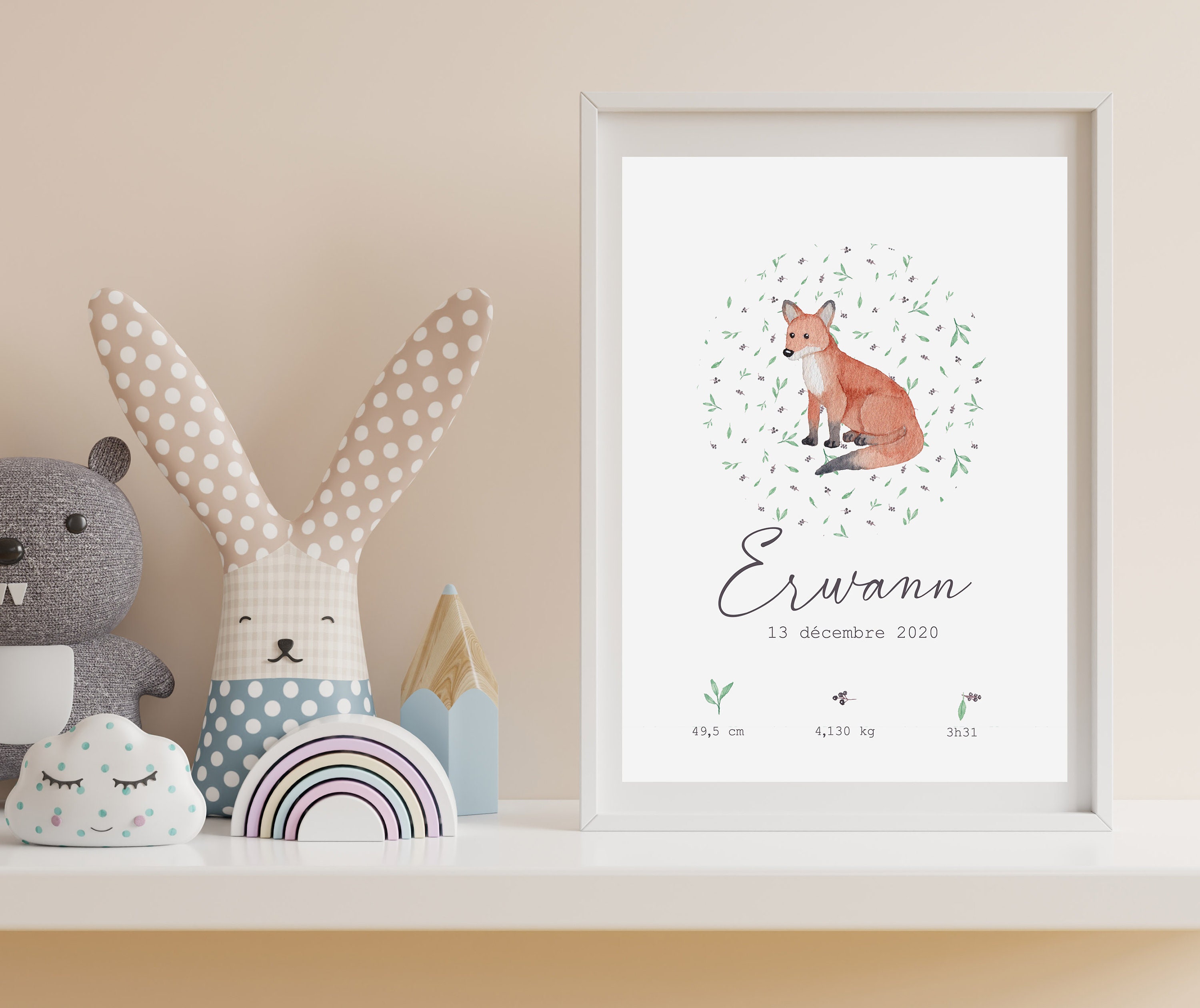 Affiche de Naissance Personnalisable Renard et Myrtilles Aquarelle