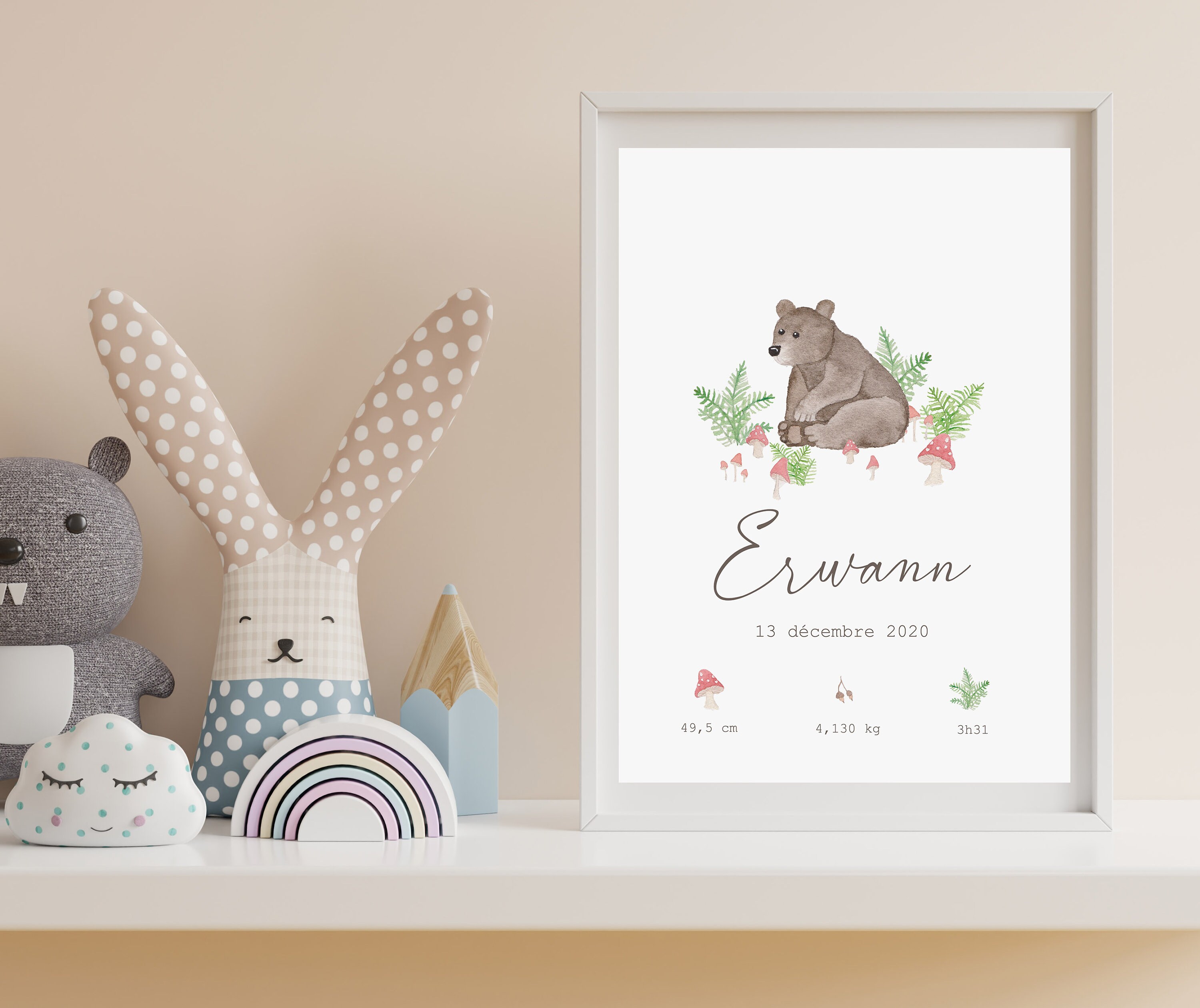 Affiche de Naissance Personnalisable Ourson Aquarelle