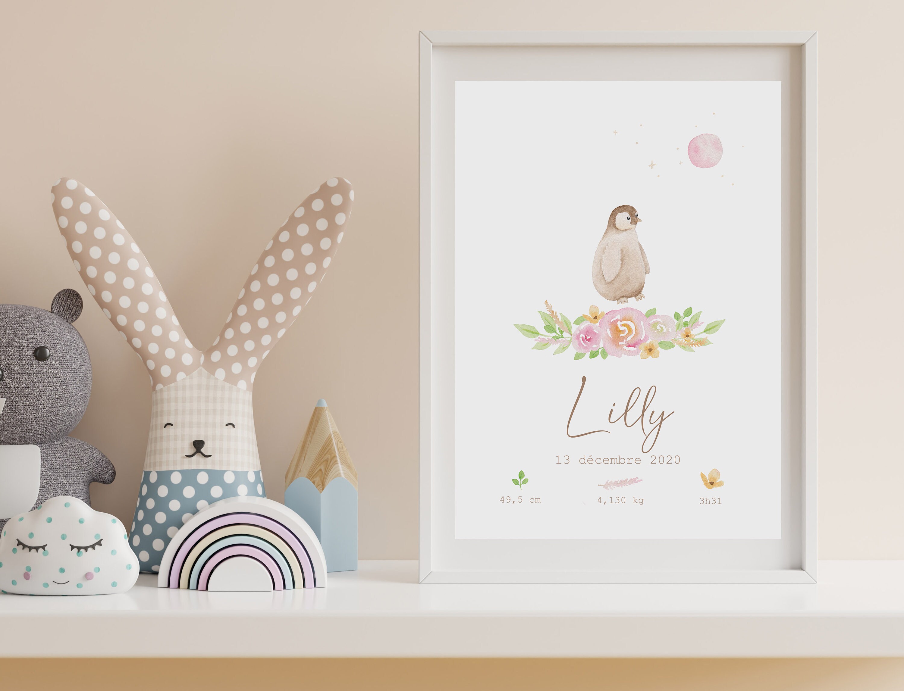 Affiche de Naissance Personnalisable Pingouin Aquarelle