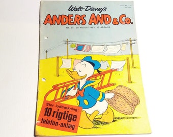 Disney 1963 magazine with Mickey Mouse + Donald Duck in Danish language. Vintage cartoon comic issue 34. Unique quirky 60th birthday gift.