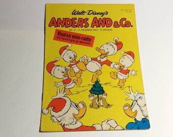 Disney 1963 magazine with Mickey Mouse + Donald Duck in Danish language. Vintage cartoon comic issue 51. Unique quirky 61st birthday gift.