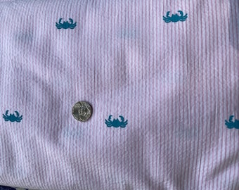 Fabric Finders Pink Seersucker w printed turquoise crabs