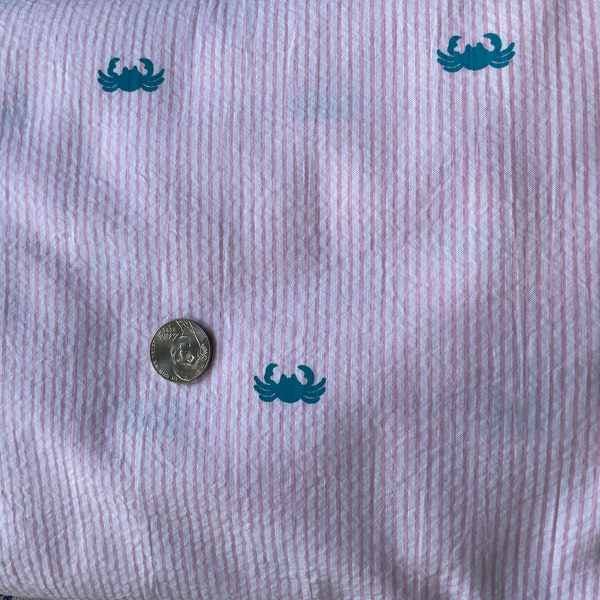 Fabric Finders Pink Seersucker w printed turquoise crabs