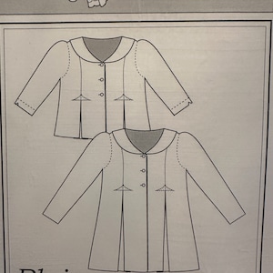 May include: A black and white line drawing of a jacket pattern for sizes 7, 8, 10, 12, 14, and 16. The pattern is called "Blair" and is from the Heirlooms collection.