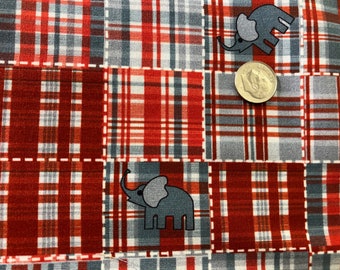 Elephants on Red and Gray Plaid Cotton Cloth