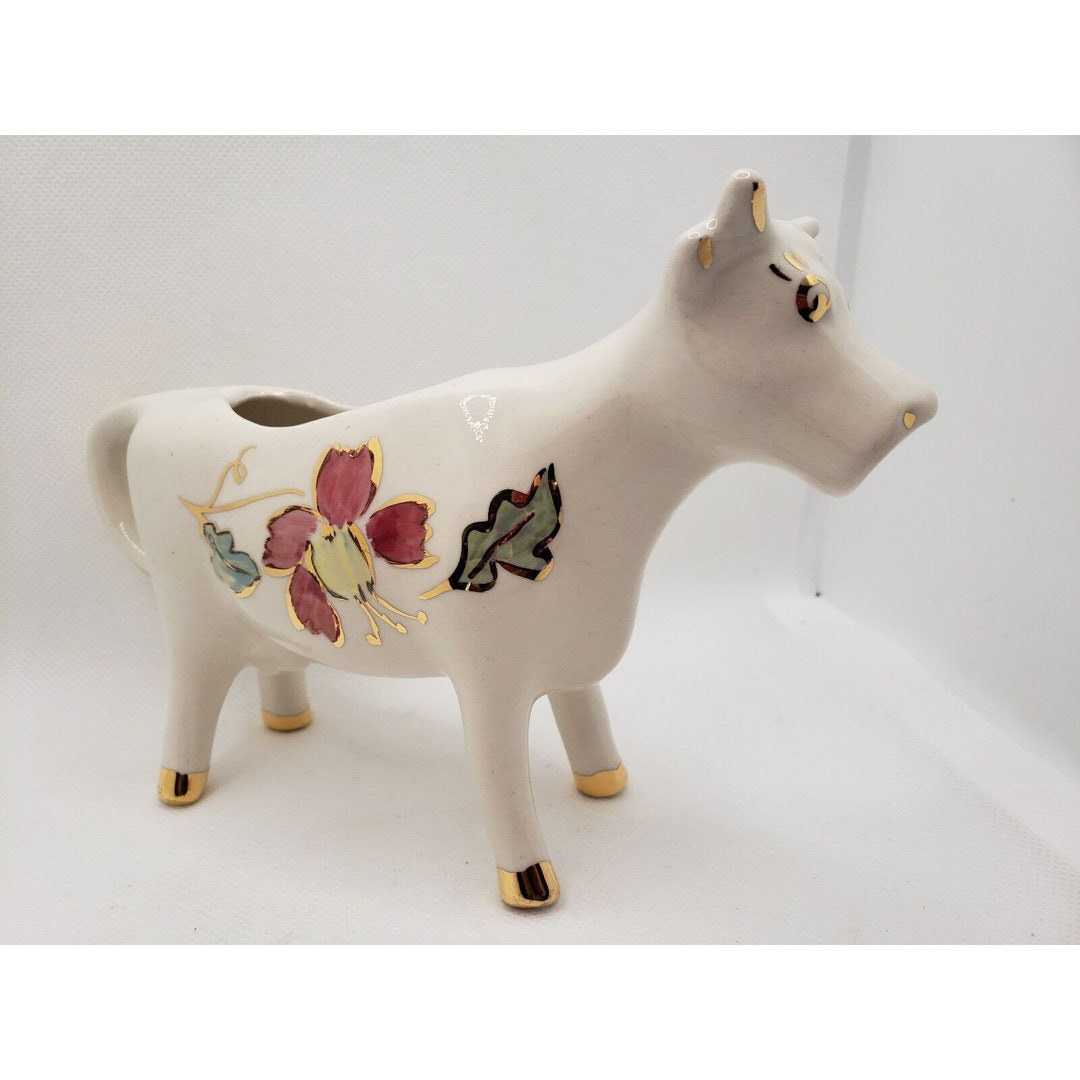 VINTAGE White COW Coffee CREAMER Hand Painted Red Floral Roses, Heavy