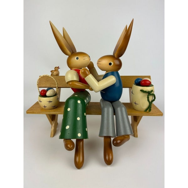 Vintage Erzgebirge Wooden Kissing Rabbits Sitting on A Park Bench EASTER 14" X 11" X 9"