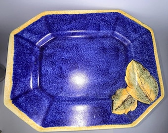 Benlloch Espana, Spain 14" Blue Platter with Yellow Leaves Signed Studio Pottery