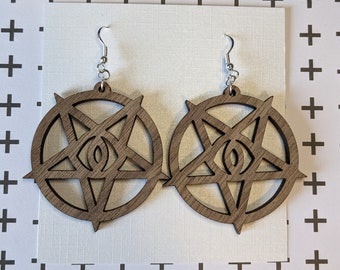 Eyeball Pentagram Wood Dangle Earrings - weird earrings