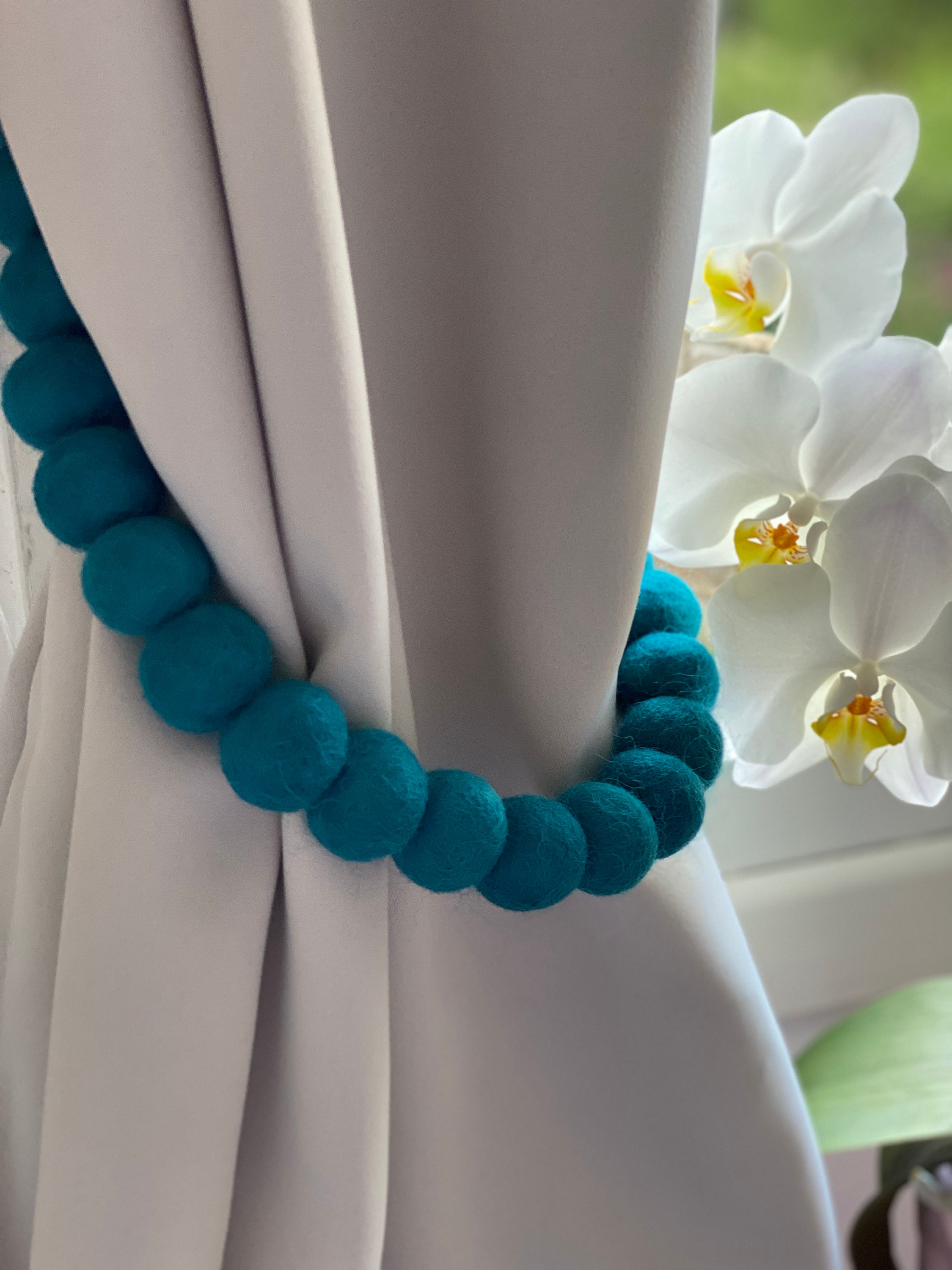 Teal Tieback Curtain Pom Pom Curtain Tie Backs Curtain Etsy