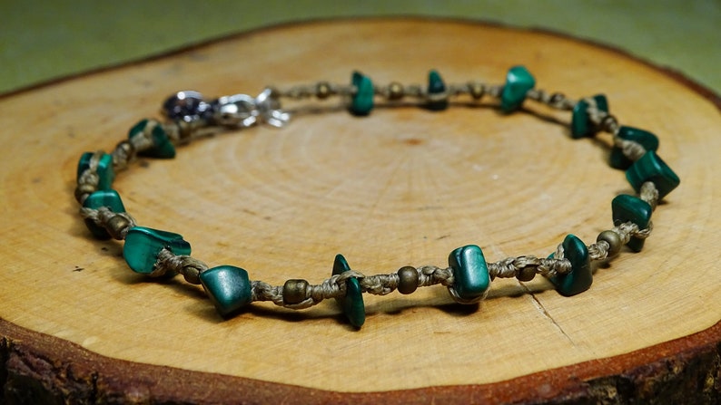 handmade macrame foot chain with semiprecious stone shards and om sign in beigelight brown anklet