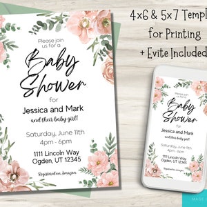 Girl Baby Shower Invitation Pink Floral Baby Invite Editable Baby Shower Invitation Baby Shower Invite Boho Blush Sage Green Flower