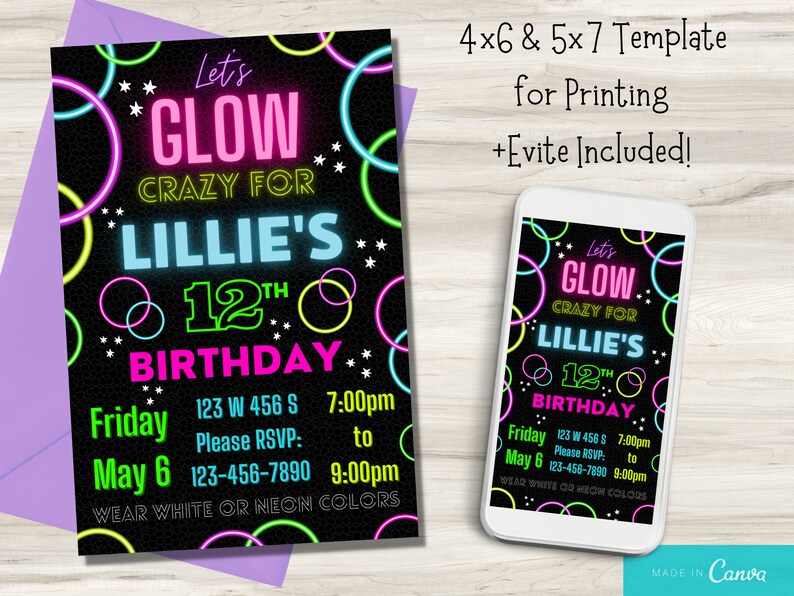 Glow birthday invitation Editable glow invitation Glow birthday template download Neon glow in the dark teen birthday party