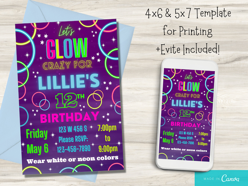 Glow party invitation purple Glow in the dark party invitation Glow birthday invitation Neon party invite Neon Invitation