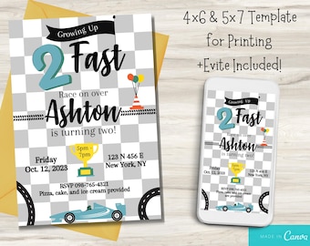 Two Fast Birthday Invitation, Race Car Theme (Digital Download)