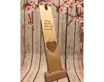 I Love You Bookmark, Wooden Page Saver, Wood Book Gift For Him Her