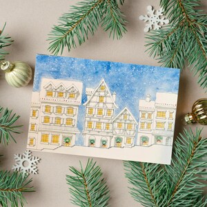Kenzie e Craig: Cartão de Natal feito à mão em aquarela com Vila de Natal ---- C23