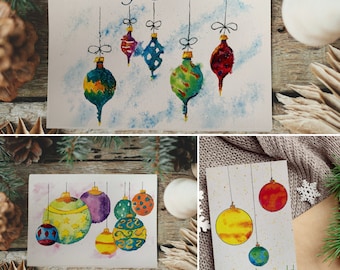 Handgemachte Aquarell Weihnachtskarten mit verschiedenen Weihnachtsornamenten