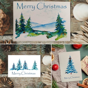 Kenzie en Craig: handgemaakte aquarelkerstkaarten met verschillende kerstbomen --- C22