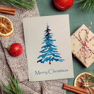 Kenzie y Craig: Tarjeta navideña hecha a mano en acuarela con árbol de Navidad ---- C9