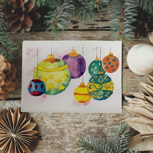 Kenzie und Craig: Handgemachte Aquarell Weihnachtskarte mit Weihnachtsornamenten ---- C10