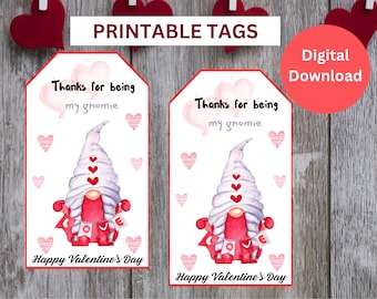 Printable Valentine's Day Gift Tags, Favor Tags, Valentine's Gnome Tags,  Sweets Tags, Valentines Day Gift Tags, Digital Download
