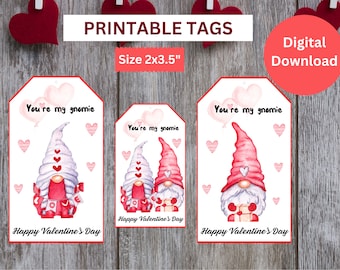 Printable Valentine's Day Gift Tags, Favor Tags, Valentine's Gnome Tags,  Sweets Tags, Valentines Day Gift Tags, Digital Download