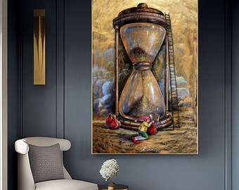 シュルレアリスムの砂時計の絵画：黄金の砂、時間の象徴、ミクスト