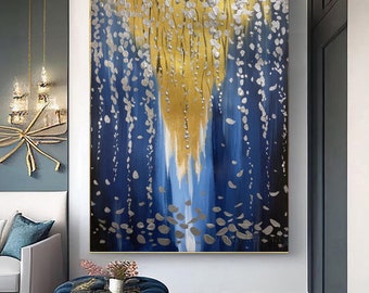 特大の絵画、青と金の抽象画、抽象画、金箔の絵画、特大の抽象画、壁