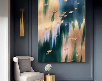 Extra Large Green Gold Abstract Painting Layered Artwork: Original Textured Canvas Wall Art