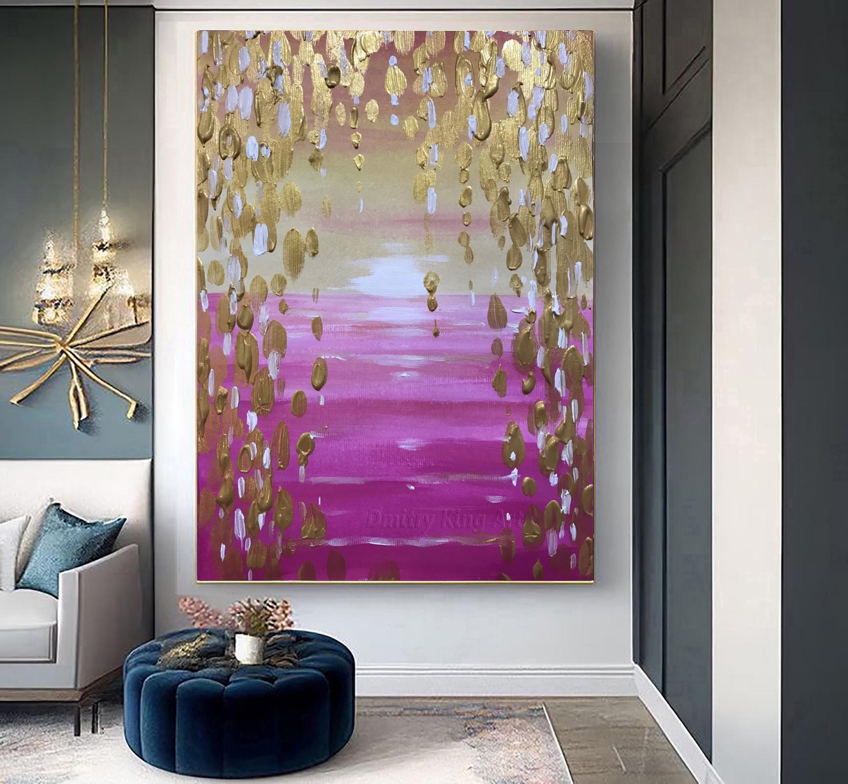 Large Pink & Gold Leaf Abstract Painting: Modern Textured Wall Art - Etsy