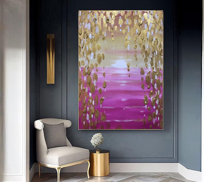 Large Pink & Gold Leaf Abstract Painting: Modern Textured Wall Art - Etsy