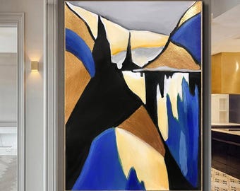 Large Blue Gold Abstract Landscape Minimalist Painting: Modern Navy Blue Canvas Art