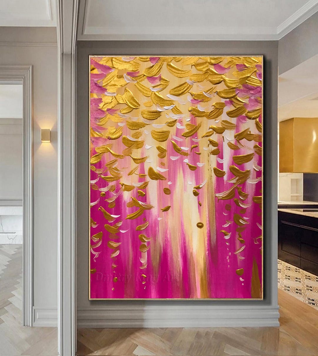 Large Pink Gold Leaf Abstract Painting: Textured Modern Wall Art - Etsy