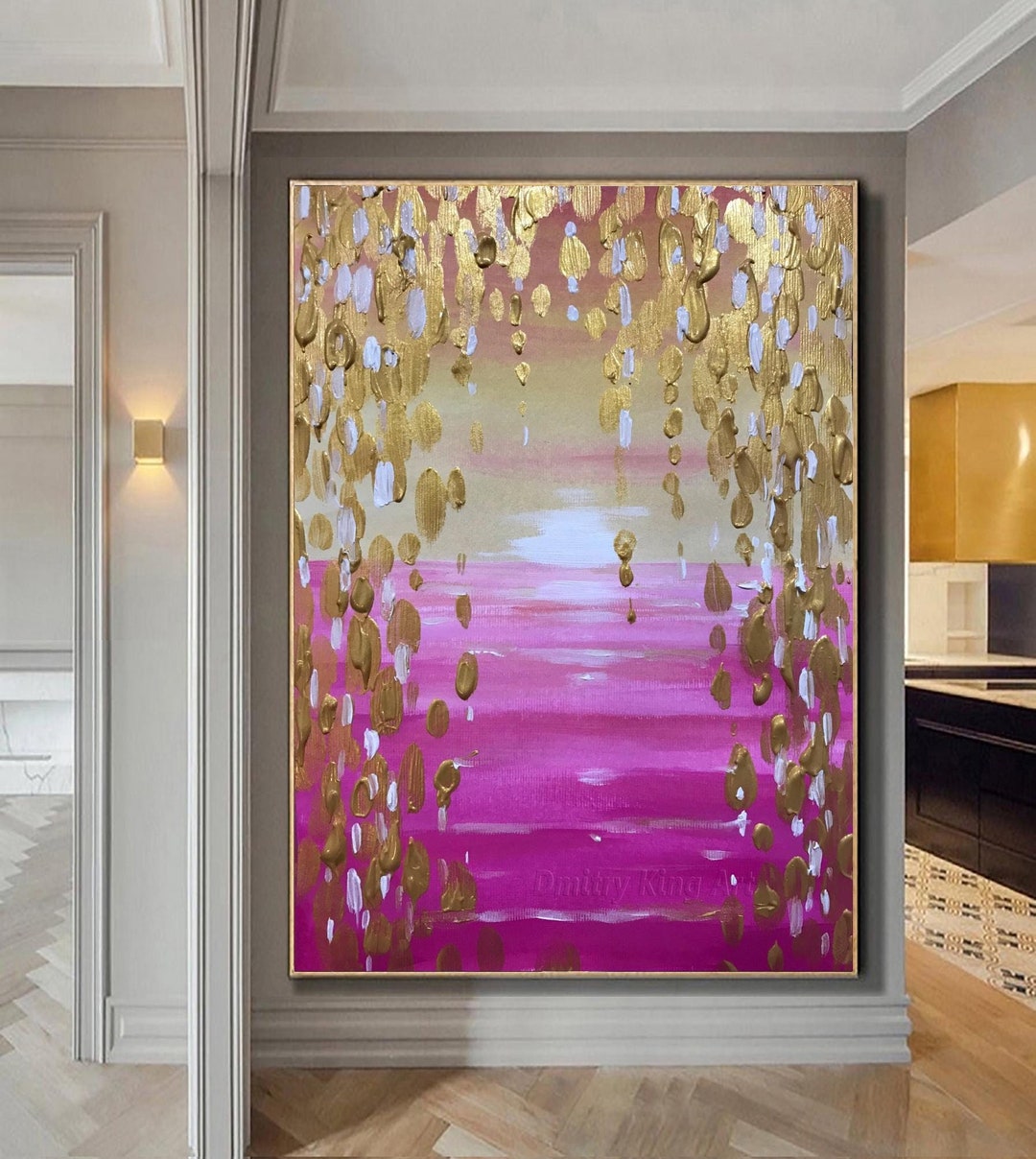 Large Pink & Gold Leaf Abstract Painting: Modern Textured Wall Art - Etsy