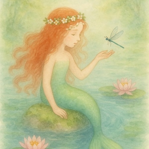 Cartão Postal Pequena Sereia, Sereia, Cartão Sazonal Agosto, Cartões Mensais, Cartão Postal Waldorf, Decoração de Mesa Sazonal, Aquarela