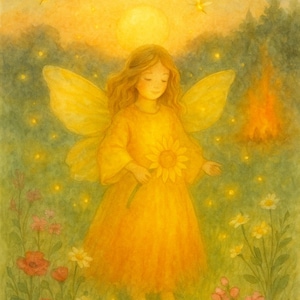 Carte mensuelle de juin, elfe du soleil dans la lumière du soir, carte de la Saint-Jean, solstice d'été, carte postale pour la table de saison, inspiration Waldorf