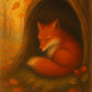 Carte postale renard endormi, renard dans la forêt d'automne, carte d'automne, table de saison, carte postale automne