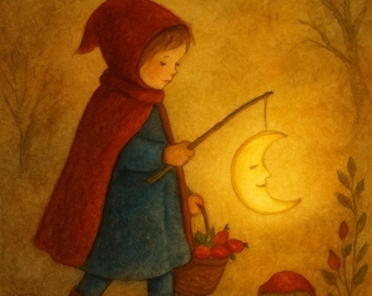 Peut inclure: Illustration d'un enfant en cape rouge et robe bleue, portant un panier de baies et une lanterne en forme de lune souriante. La scène se déroule dans une forêt avec un hérisson, des champignons et des feuilles d'automne.