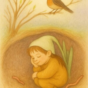 Carte postale Wurzelbub, petit enfant racine, réveil du printemps, enfants racines, carte postale table saisonnière, Waldorf, carte mensuelle mars